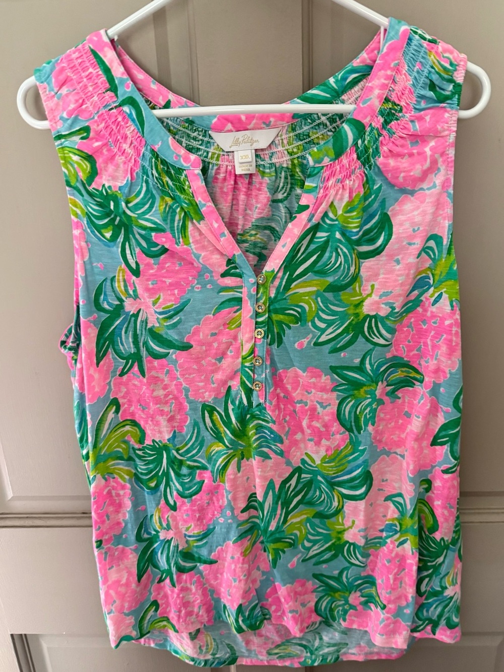 Lilly Pulitzer Pink Teal Green Floral Henley Tank